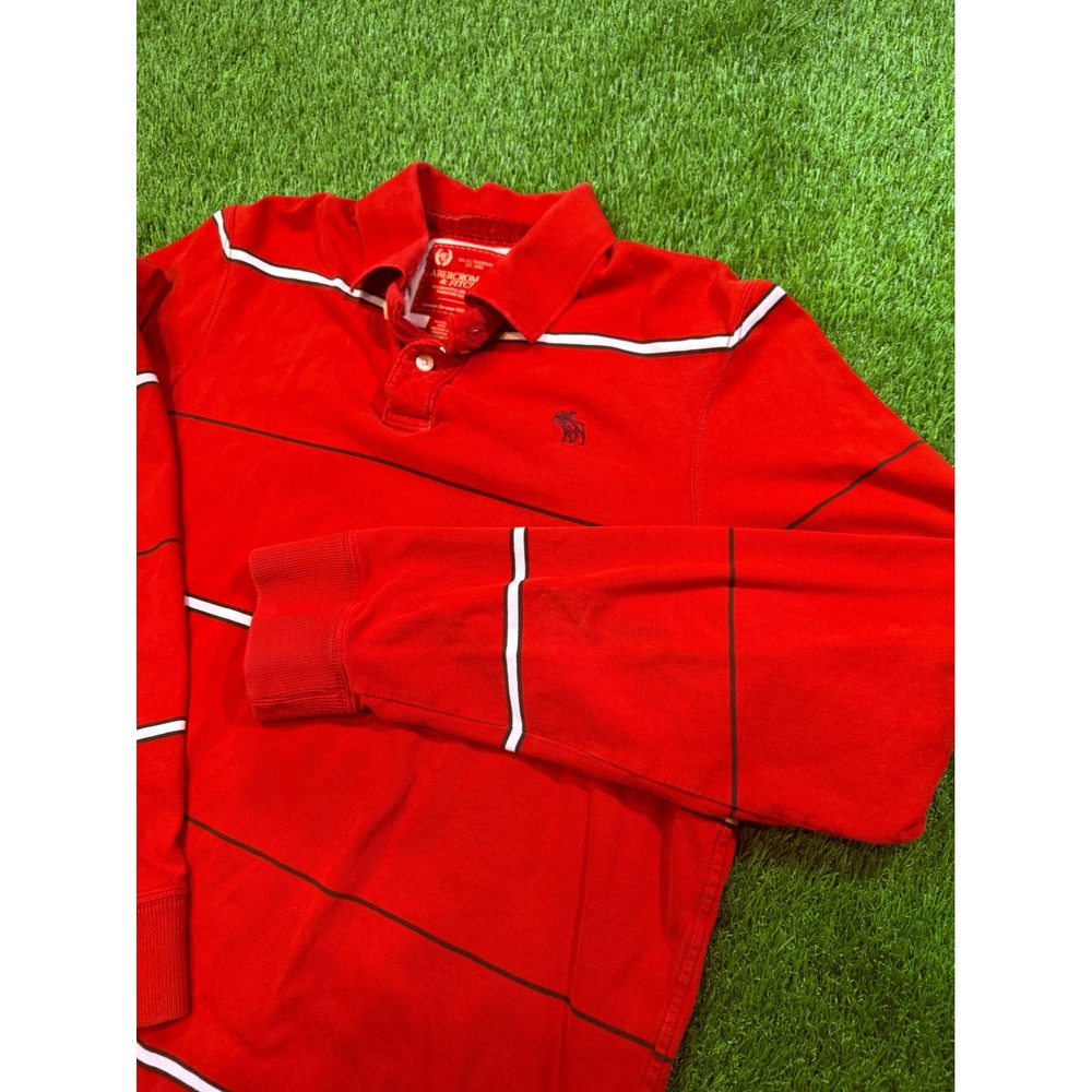 Abercrombie & Fitch Mens XXL Red Striped Long Sleeve Polo Shirt Moose Logo